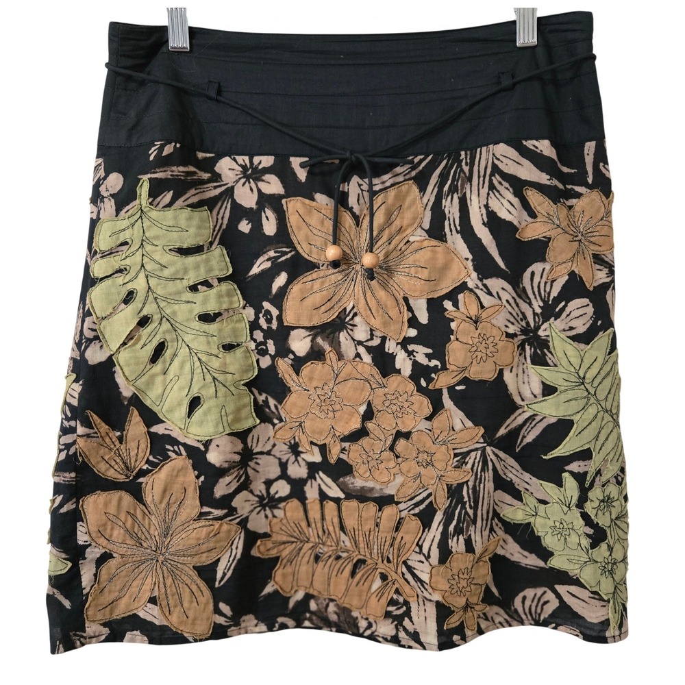 Etcetera Boho Botanical Applique Mini Skirt Black Tan Green Beaded Tie, Sz 12